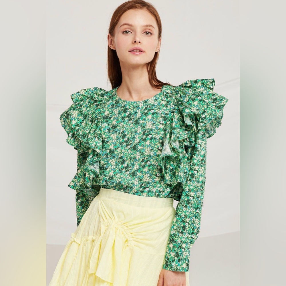 STORETS Delilah Green Floral Ruffle Blouse - Size: S/M - Like New!